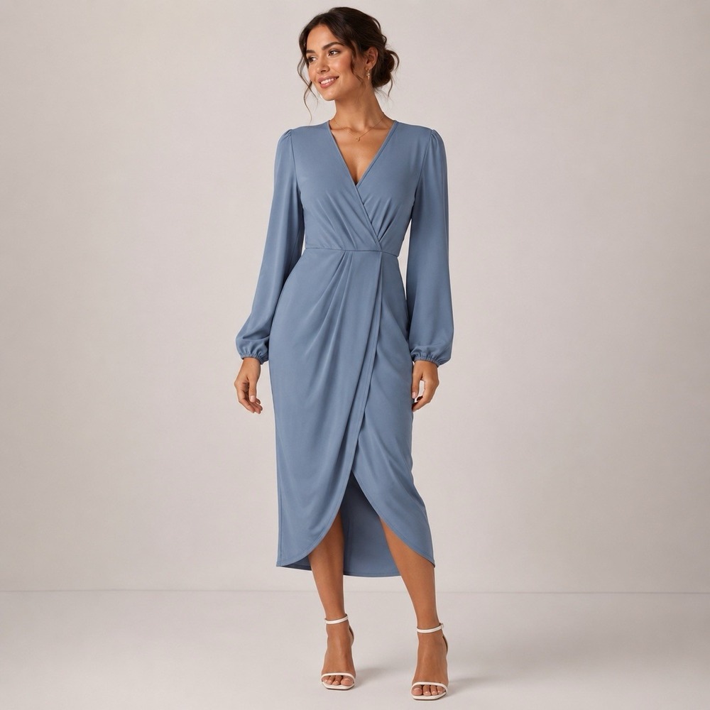 Halara V Neck Long Sleeve Tulip Hem Dusty Blue Midi Party Dress Womens M